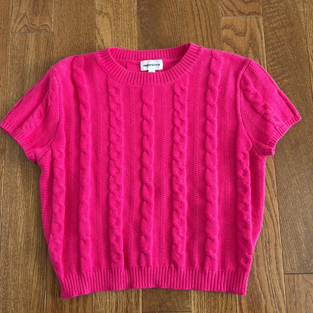 Pink superdown cable knit sweater